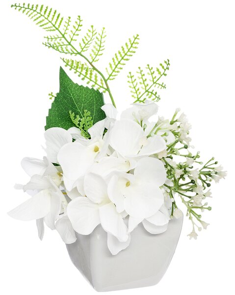 Umělé květiny v šedém květináči, 20 cm, bílá barva