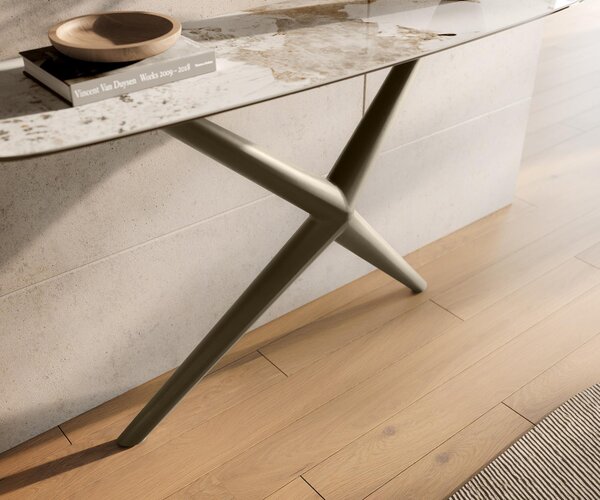 DELIFE Konzolový stůl Edge oválný tvar 140×40 cm keramika Minas Melange bílá béžová Estelo kov titanová barva