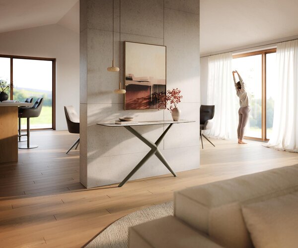 DELIFE Konzolový stůl Edge oválný tvar 140×40 cm keramika Minas Melange bílá béžová Estelo kov titanová barva