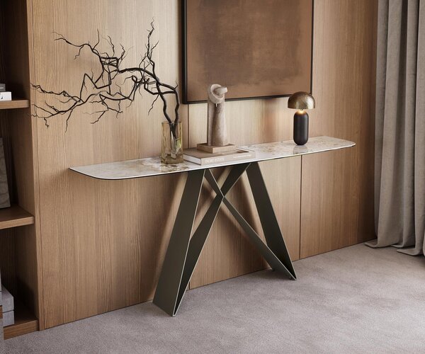 DELIFE Konzolový stůl Edge oválný 180×40 cm keramika Minas Melange bílá béžová Velio kov titanová barva