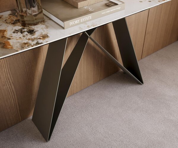 DELIFE Konzolový stůl Edge oválný 180×40 cm keramika Minas Melange bílá béžová Velio kov titanová barva