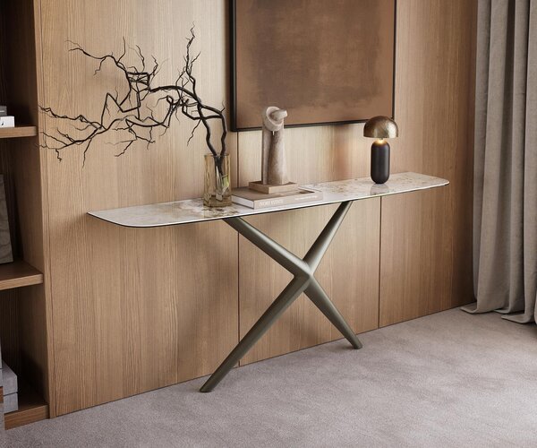 DELIFE Konzolový stůl Edge oválný tvar 180×40 cm keramika Minas Melange bílá béžová Estelo kov titanová barva