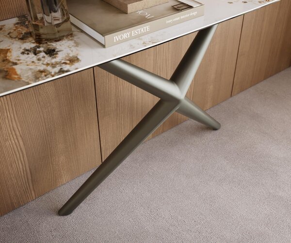 DELIFE Konzolový stůl Edge oválný tvar 180×40 cm keramika Minas Melange bílá béžová Estelo kov titanová barva