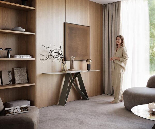 DELIFE Konzolový stůl Edge oválný 180×40 cm keramika Minas Melange bílá béžová Velio kov titanová barva
