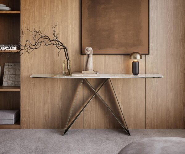 DELIFE Konzolový stůl Edge oválný 180×40 cm keramika Minas Melange bílá béžová Velio kov titanová barva