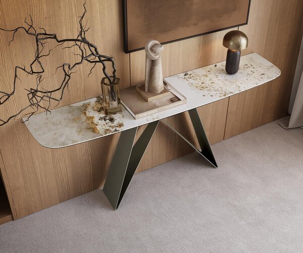 DELIFE Konzolový stůl Edge oválný 180×40 cm keramika Minas Melange bílá béžová Velio kov titanová barva