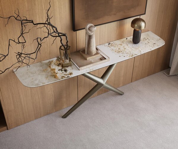 DELIFE Konzolový stůl Edge oválný tvar 180×40 cm keramika Minas Melange bílá béžová Estelo kov titanová barva