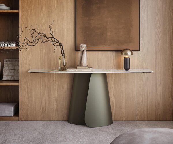 DELIFE Konzolový stůl Edge oválný tvar 180×40 cm keramika Minas Melange bílá béžová Livos kov titanová barva