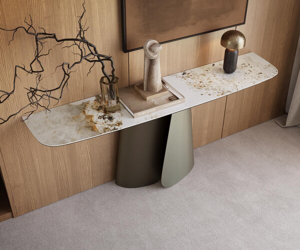DELIFE Konzolový stůl Edge oválný tvar 180×40 cm keramika Minas Melange bílá béžová Livos kov titanová barva