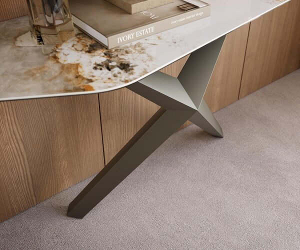 DELIFE Konzolový stůl Edge polygonální 180×50 cm keramika Minas Melange bílá béžová Zentharo kov titanová barva