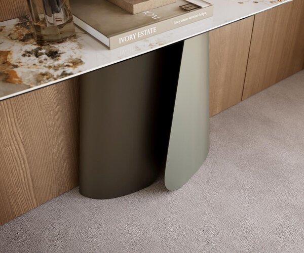 DELIFE Konzolový stůl Edge oválný tvar 180×40 cm keramika Minas Melange bílá béžová Livos kov titanová barva