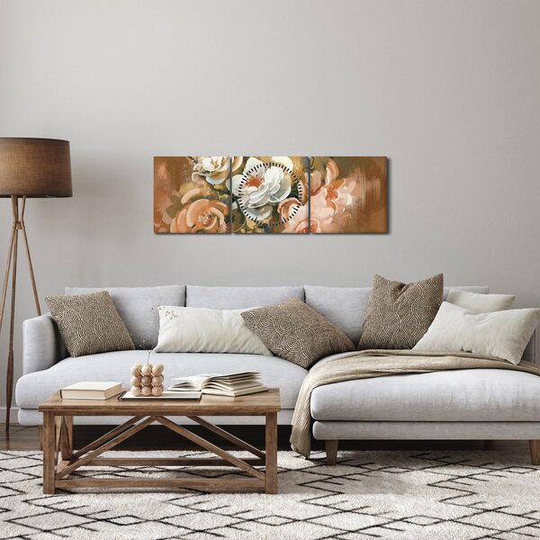 Obraz - Malovaná kytice květin (s hodinami) (90x30 cm)