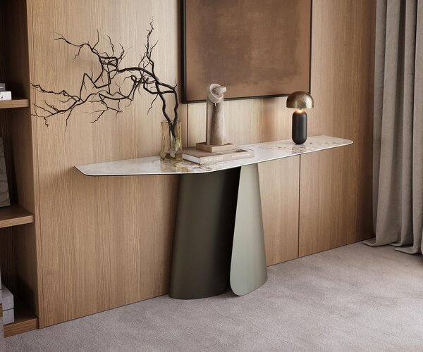DELIFE Konzolový stůl Edge polygonální 180×50 cm keramika Minas Melange bílá béžová Livos kov titanová barva