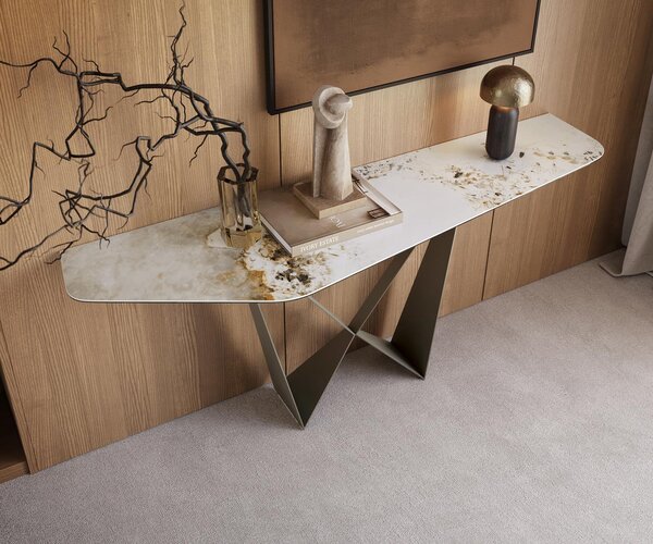 DELIFE Konzolový stůl Edge polygonální 180×50 cm keramika Minas Melange bílá béžová Spios kov titanová barva