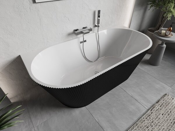 Mexen Oris, volně stojící rýhovaná vana 150 x 75 cm, bílá-černá, chromový přepad, 52871507575-01