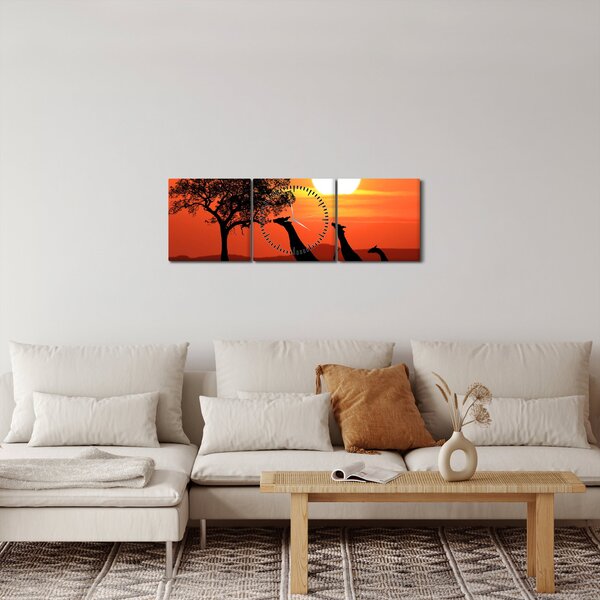 Obraz žiraf při západu slunce (s hodinami) (90x30 cm)