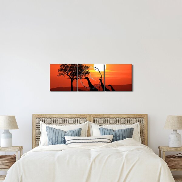 Obraz žiraf při západu slunce (s hodinami) (90x30 cm)