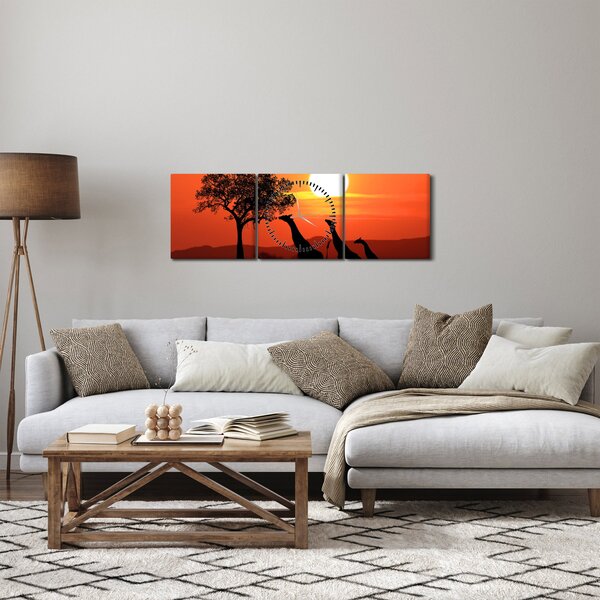 Obraz žiraf při západu slunce (s hodinami) (90x30 cm)