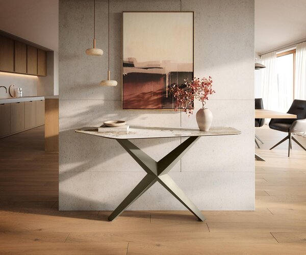DELIFE Konzolový stůl Edge polygonální 140×50 cm keramika Minas Melange bílá béžová Zentharo kov titanová barva
