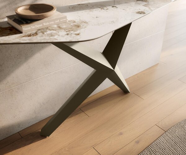 DELIFE Konzolový stůl Edge polygonální 140×50 cm keramika Minas Melange bílá béžová Zentharo kov titanová barva