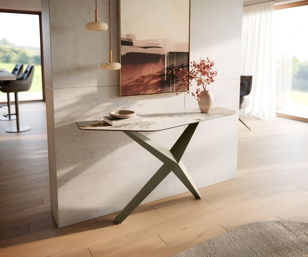DELIFE Konzolový stůl Edge polygonální 140×50 cm keramika Minas Melange bílá béžová Zentharo kov titanová barva