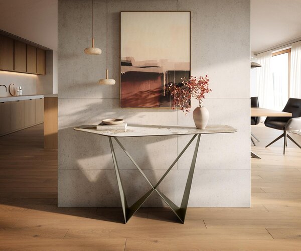 DELIFE Konzolový stůl Edge polygonální 140×50 cm keramika Minas melange bílá béžová Spios kov titanová barva
