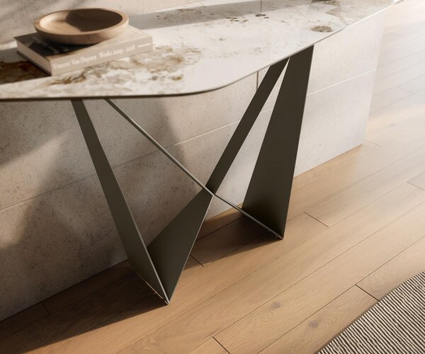 DELIFE Konzolový stůl Edge polygonální 140×50 cm keramika Minas melange bílá béžová Spios kov titanová barva