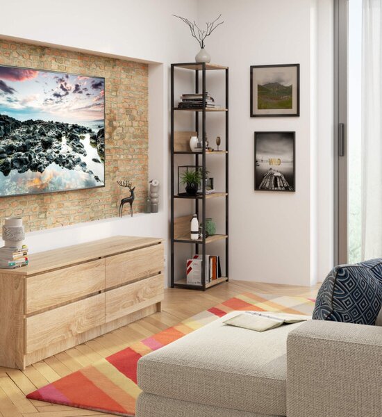 Průmyslový regál 50 cm, 6 polic, černý / dub sonoma