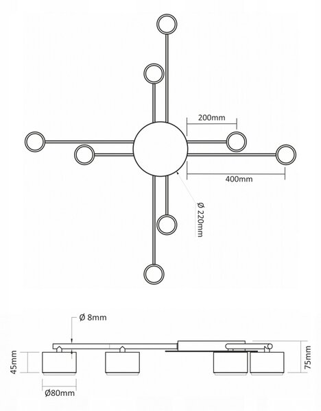 Černé přisazené bodové svítidlo GX53, 8 spotů, nastavitelné, IP20