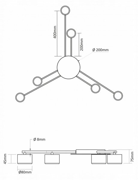 Černé stropní svítidlo GX53, 6 žárovek, IP20