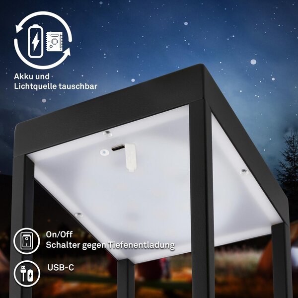 BRILO 7511015 Luca LED bezdrátová lucerna IP44, stmívatelná, dotykový vypínač, černá - BRILO