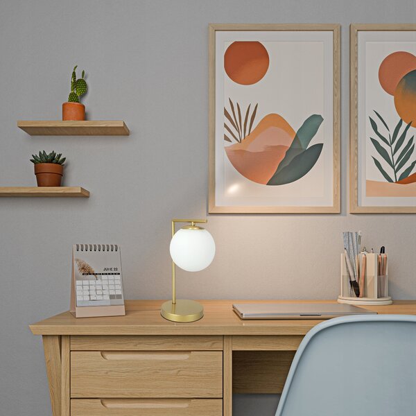 Stolní lampa E27, zlatá se skleněným stínidlem