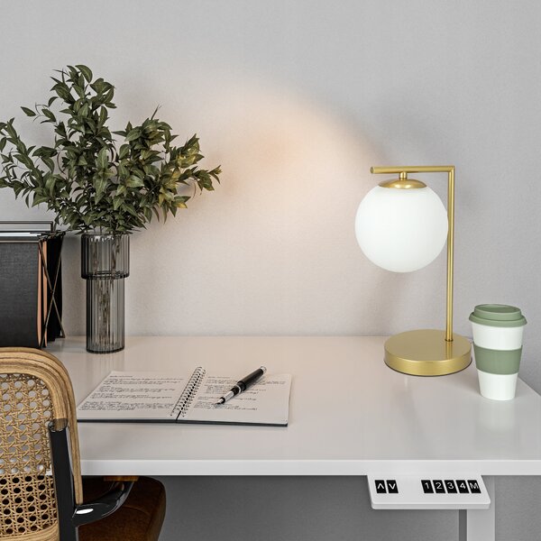 Stolní lampa E27, zlatá se skleněným stínidlem