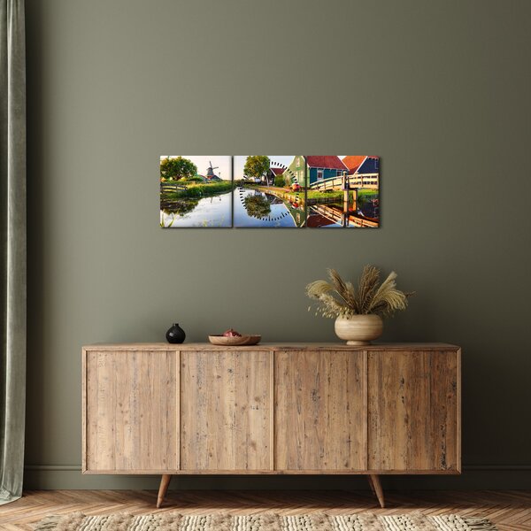 Obraz nizozemských mlýnů (s hodinami) (90x30 cm)