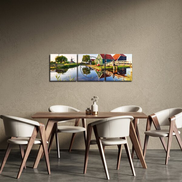 Obraz nizozemských mlýnů (s hodinami) (90x30 cm)