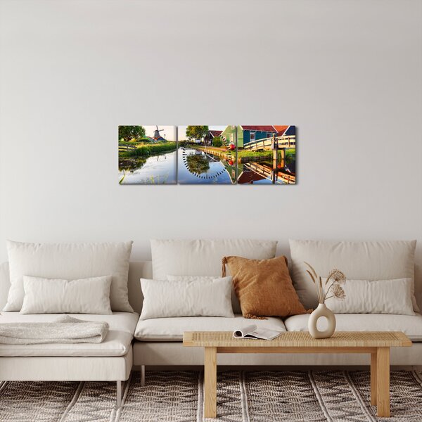 Obraz nizozemských mlýnů (s hodinami) (90x30 cm)
