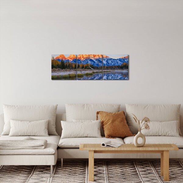 Obraz zasněžených horských štítů (s hodinami) (90x30 cm)