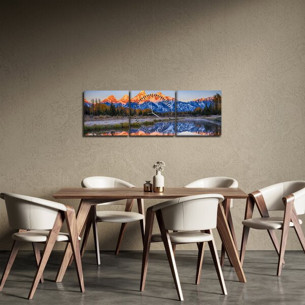 Obraz zasněžených horských štítů (s hodinami) (90x30 cm)