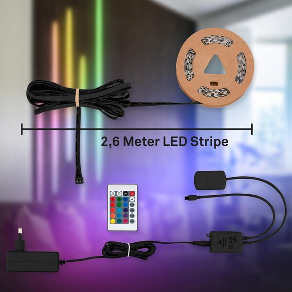 BRI 8022252 Startovací sada RGB LED pásek pro nástěnné panely – 260cm, dálkový ovladač, vč. rozbočovače - BRILONER