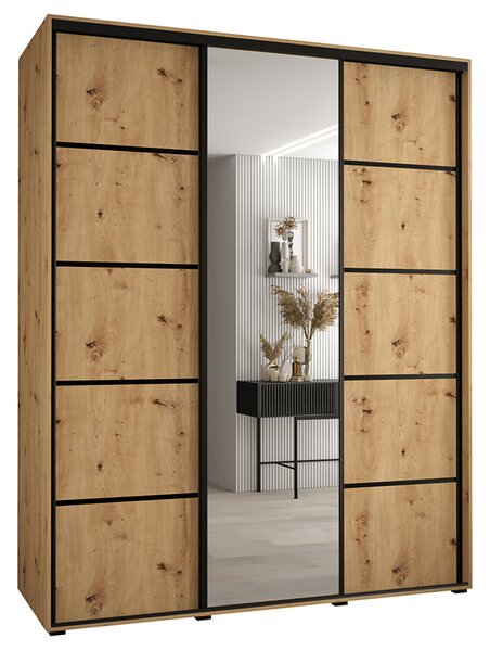 Šatní skříň s posuvnými dveřmi a zrcadlem DAVOS 5, 190cm | DUB Artisan / černé pojezdy