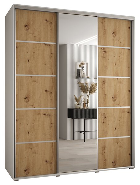 Šatní skříň s posuvnými dveřmi a zrcadlem DAVOS 5, 190cm | Bílá / DUB Artisan / stříbrné