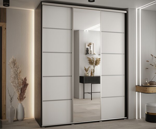 Šatní skříň s posuvnými dveřmi a zrcadlem DAVOS 5, 190cm | Černá / bílá / stříbrné pojezdy