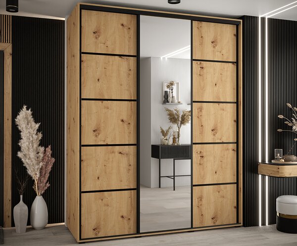 Šatní skříň s posuvnými dveřmi a zrcadlem DAVOS 5, 190cm | DUB Artisan / černé pojezdy