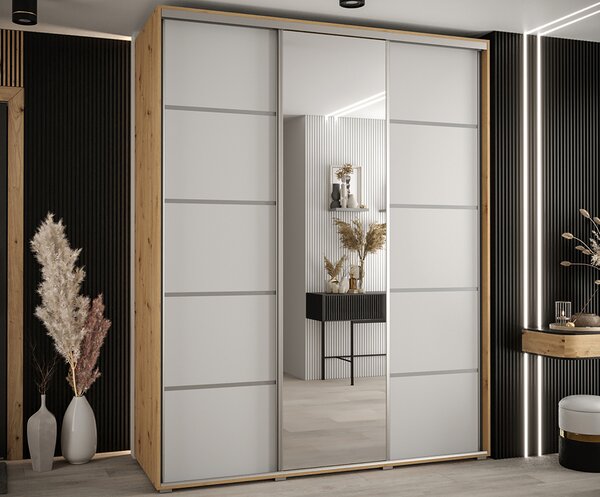 Šatní skříň DAVOS 5 posuvné dvěře a zrcadlo, 190×235×45, DUB Artisan / bílá / stříbrné
