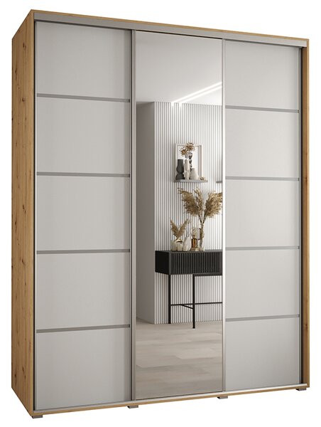 Šatní skříň DAVOS 5 posuvné dvěře a zrcadlo, 190×235×45, DUB Artisan / bílá / stříbrné