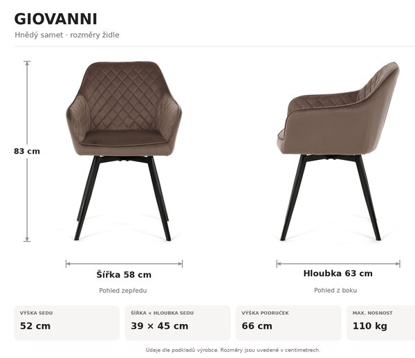 Jídelní otočná židle GIOVANNI - hnědý samet / černé kovové nohy
