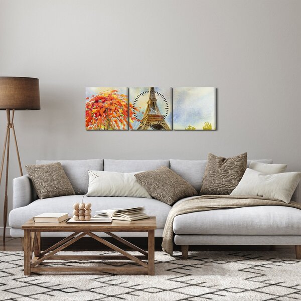 Malovaný obraz Eiffelovy věže (s hodinami) (90x30 cm)