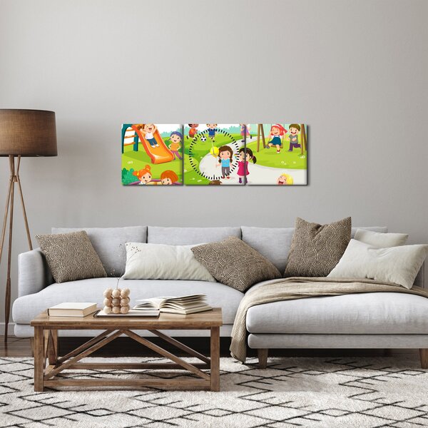 Obraz dětských radovánek na pískovišti (s hodinami) (90x30 cm)