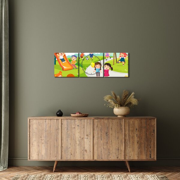 Obraz dětských radovánek na pískovišti (s hodinami) (90x30 cm)