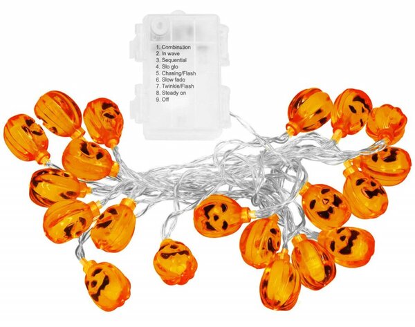 LED řetěz Dýně - 2,8m, 20LED, 8 funkcí, ovladač, 3xAA, IP44, teplá bílá